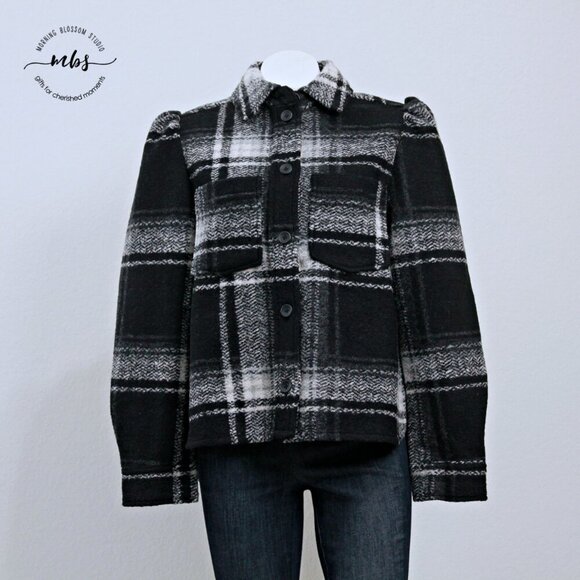 NWT Gap Plaid Puff Sleeve Cropped Wool Shirt Jacket Black White Women S Tall - Picture 6 of 12